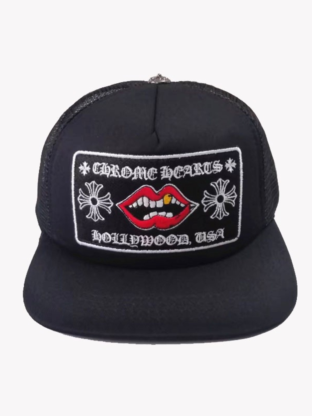 Chrome Hearts Black Trucker Hat with Red Lip Patch